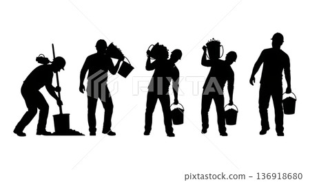 Black Solid Worker Carrying Rubble Silhouettes Set of Six on White Background Black Solid Worker Carrying Rubble Silhouettes Set of Six on White Background 136918680
