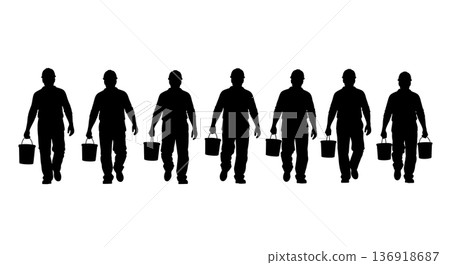 Black Solid Worker Carrying Paint Buckets Silhouettes Set of Six on White Background Black Solid Worker Carrying Paint Buckets Silhouettes Set of Six on White Background 136918687