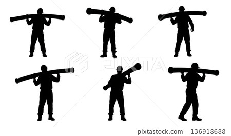 Black Solid Worker Carrying Pipe Silhouettes Set of Six on White Background Black Solid Worker Carrying Pipe Silhouettes Set of Six on White Background 136918688