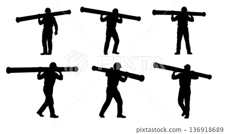 Black Solid Worker Carrying Pipe Silhouettes Set of Six on White Background 136918689