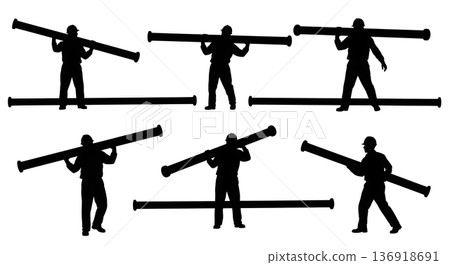 Black Solid Worker Carrying Pipe Silhouettes Set of Six on White Background Black Solid Worker Carrying Pipe Silhouettes Set of Six on White Background 136918691