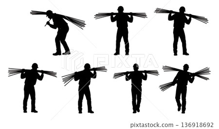 Black Solid Worker Carrying Rebar Silhouettes Set of Six on White Background 136918692