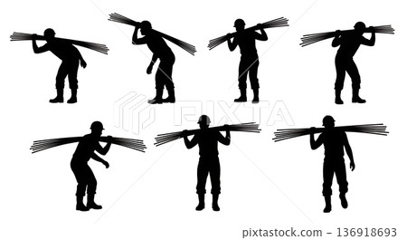 Black Solid Worker Carrying Rebar Silhouettes Set of Six on White Background 136918693