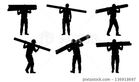 Black Solid Worker Carrying Lumber Silhouettes Set of Six on White Background Black Solid Worker Carrying Lumber Silhouettes Set of Six on White Background 136918697
