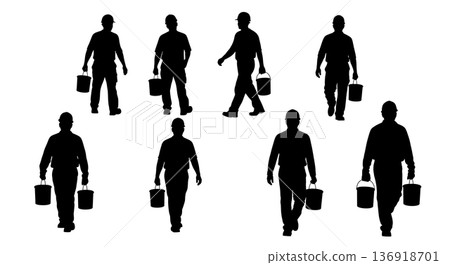 Black Solid Worker Carrying Paint Buckets Silhouettes Set of Six on White Background 136918701