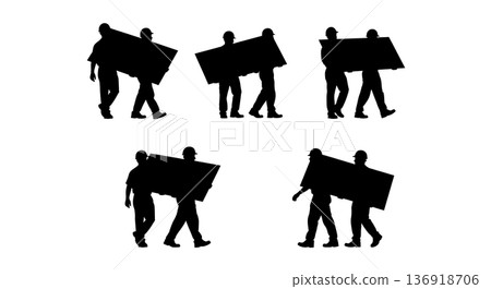 Black Solid Worker Carrying Drywall Silhouettes Set of Six on White Background Black Solid Worker Carrying Drywall Silhouettes Set of Six on White Background 136918706