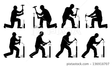 Black Solid Worker Carrying Generator Silhouettes Set of Six on White Background 136918707