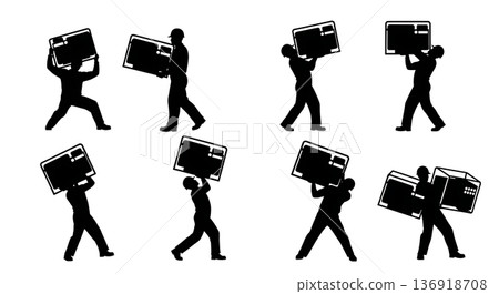 Black Solid Worker Carrying Generator Silhouettes Set of Six on White Background 136918708