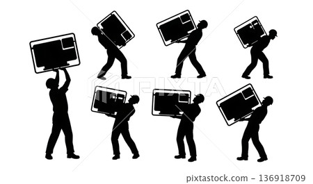 Black Solid Worker Carrying Generator Silhouettes Set of Six on White Background 136918709