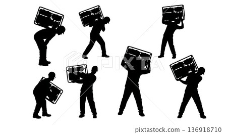 Black Solid Worker Carrying Generator Silhouettes Set of Six on White Background 136918710