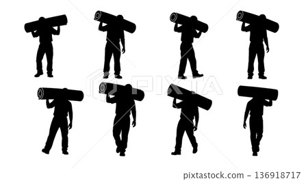 Black Solid Worker Carrying Carpet Silhouettes Set of Six on White Background 136918717
