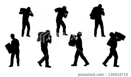 Black Solid Worker Carrying Cement Silhouettes Set of Six on White Background Black Solid Worker Carrying Cement Silhouettes Set of Six on White Background 136918718