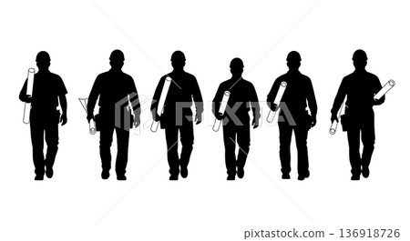 Black Solid Worker Blueprint Under Arm Silhouettes Set of Six on White Background 136918726
