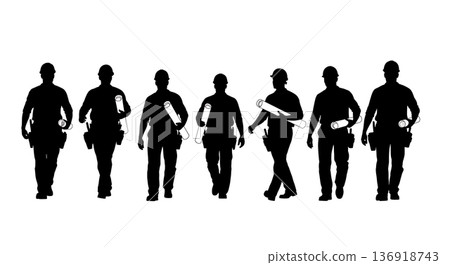 Black Solid Worker Blueprint Under Arm Silhouettes Set of Six on White Background Black Solid Worker Blueprint Under Arm Silhouettes Set of Six on White Background 136918743