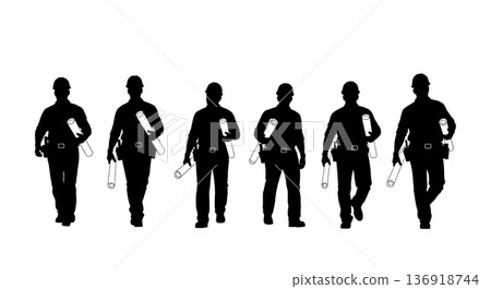 Black Solid Worker Blueprint Under Arm Silhouettes Set of Six on White Background 136918744