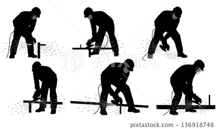 Black Solid Worker Angle Grinder Silhouettes Set of Six on White Background Black Solid Worker Angle Grinder Silhouettes Set of Six on White Background 136918748