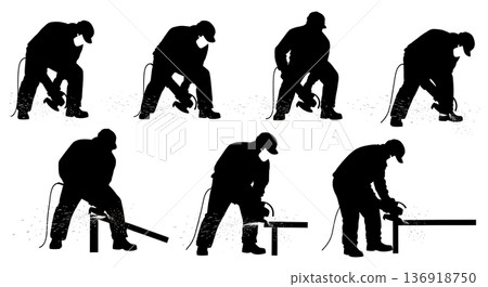 Black Solid Worker Angle Grinder Silhouettes Set of Six on White Background Black Solid Worker Angle Grinder Silhouettes Set of Six on White Background 136918750