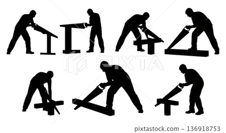 Black Solid Woodworker Hand Saw Silhouettes Set of Six on White Background 136918753