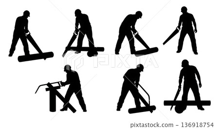 Black Solid Woodworker Hand Saw Silhouettes Set of Six on White Background Black Solid Woodworker Hand Saw Silhouettes Set of Six on White Background 136918754