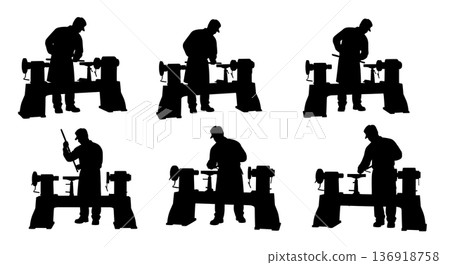 Black Solid Woodworker Lathe Turning Silhouettes Set of Six on White Background Black Solid Woodworker Lathe Turning Silhouettes Set of Six on White Background 136918758