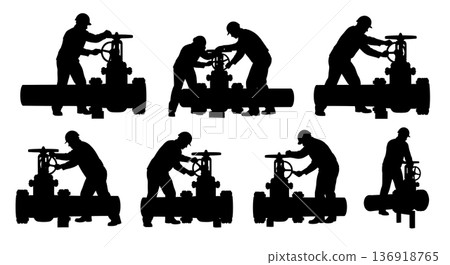 Black Solid Worker Adjusting Valve Silhouettes Set of Six on White Background Black Solid Worker Adjusting Valve Silhouettes Set of Six on White Background 136918765