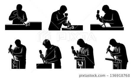 Black Solid Woodworker Chisel and Mallet Silhouettes Set of Six on White Background Black Solid Woodworker Chisel and Mallet Silhouettes Set of Six on White Background 136918768