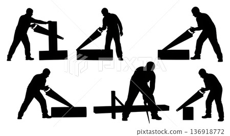Black Solid Woodworker Hand Saw Silhouettes Set of Six on White Background Black Solid Woodworker Hand Saw Silhouettes Set of Six on White Background 136918772