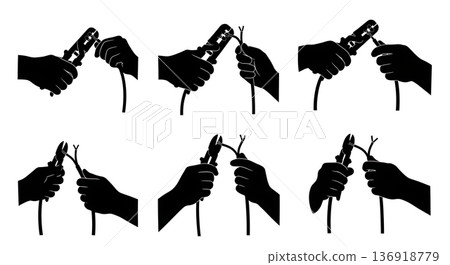 Black Solid Wire Stripping Action Silhouettes Set of Six on White Background Black Solid Wire Stripping Action Silhouettes Set of Six on White Background 136918779