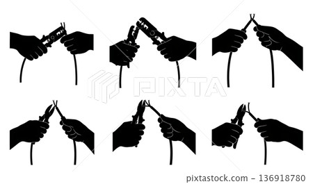 Black Solid Wire Stripping Action Silhouettes Set of Six on White Background Black Solid Wire Stripping Action Silhouettes Set of Six on White Background 136918780