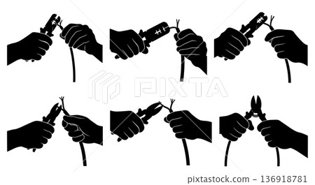 Black Solid Wire Stripping Action Silhouettes Set of Six on White Background Black Solid Wire Stripping Action Silhouettes Set of Six on White Background 136918781