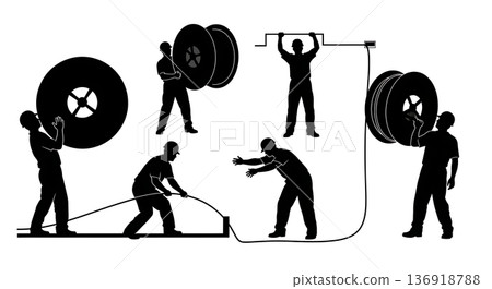 Black Solid Wire Pulling Electrician Silhouettes Set of Six on White Background 136918788