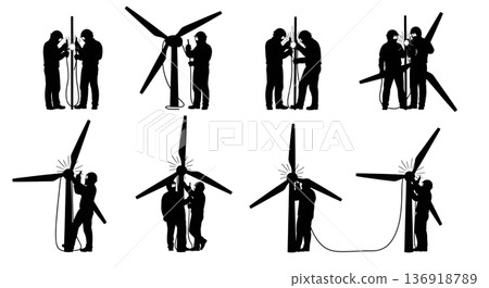 Black Solid Wind Turbine Welder Silhouettes Set of Six on White Background Black Solid Wind Turbine Welder Silhouettes Set of Six on White Background 136918789