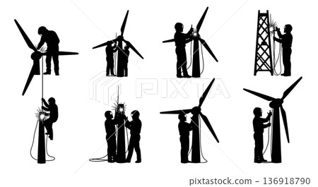 Black Solid Wind Turbine Welder Silhouettes Set of Six on White Background 136918790