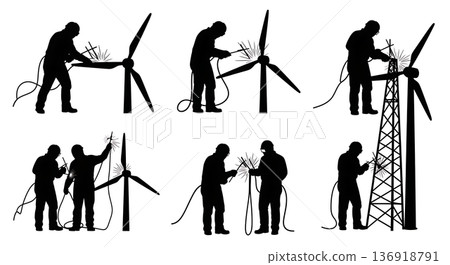 Black Solid Wind Turbine Welder Silhouettes Set of Six on White Background 136918791