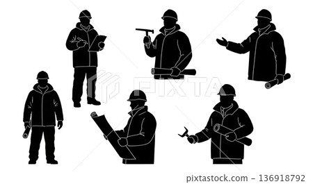 Black Solid Winter Engineer Silhouettes Set of Six on White Background 136918792