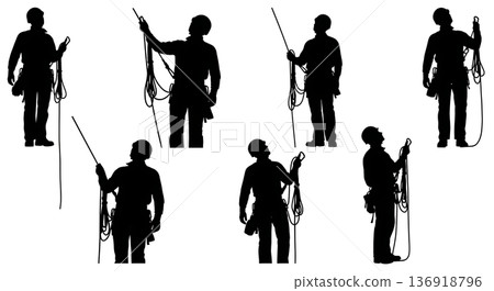 Black Solid Wind Energy Engineer Silhouettes Set of Six on White Background Black Solid Wind Energy Engineer Silhouettes Set of Six on White Background 136918796