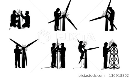 Black Solid Wind Turbine Welder Silhouettes Set of Six on White Background Black Solid Wind Turbine Welder Silhouettes Set of Six on White Background 136918802