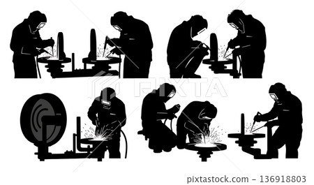 Black Solid Welding Positioner Operator Silhouettes Set of Six on White Background Black Solid Welding Positioner Operator Silhouettes Set of Six on White Background 136918803