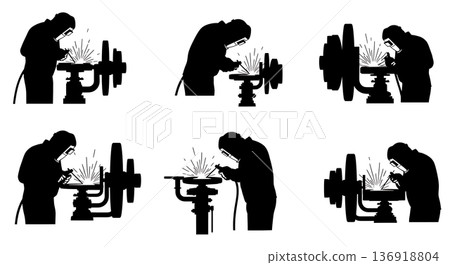 Black Solid Welding Positioner Operator Silhouettes Set of Six on White Background Black Solid Welding Positioner Operator Silhouettes Set of Six on White Background 136918804