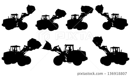 Black Solid Wheel Loader Lifting Silhouettes Set of Six on White Background Black Solid Wheel Loader Lifting Silhouettes Set of Six on White Background 136918807
