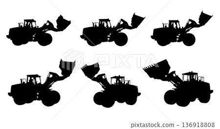 Black Solid Wheel Loader Lifting Silhouettes Set of Six on White Background Black Solid Wheel Loader Lifting Silhouettes Set of Six on White Background 136918808