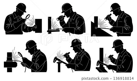 Black Solid Welding Inspector Silhouettes Set of Six on White Background Black Solid Welding Inspector Silhouettes Set of Six on White Background 136918814