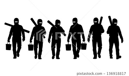 Black Solid Welder Walking With Tools Silhouettes Set of Six on White Background Black Solid Welder Walking With Tools Silhouettes Set of Six on White Background 136918817