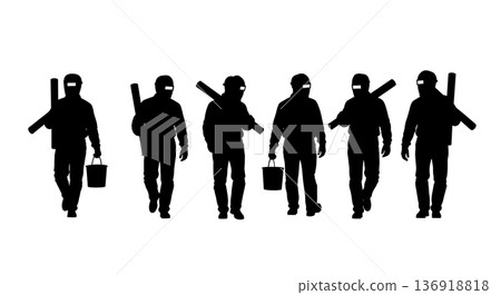 Black Solid Welder Walking With Tools Silhouettes Set of Six on White Background 136918818