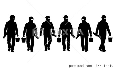 Black Solid Welder Walking With Tools Silhouettes Set of Six on White Background 136918819