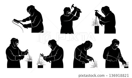 Black Solid Welder Wire Brush Cleaning Silhouettes Set of Six on White Background Black Solid Welder Wire Brush Cleaning Silhouettes Set of Six on White Background 136918821