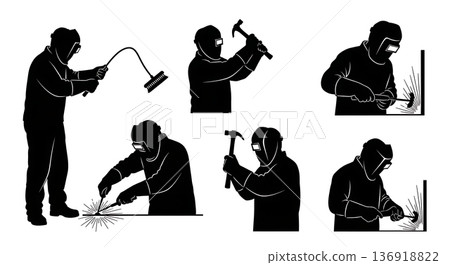 Black Solid Welder Wire Brush Cleaning Silhouettes Set of Six on White Background Black Solid Welder Wire Brush Cleaning Silhouettes Set of Six on White Background 136918822