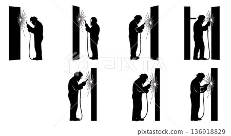 Black Solid Welder Vertical Position Silhouettes Set of Six on White Background Black Solid Welder Vertical Position Silhouettes Set of Six on White Background 136918829