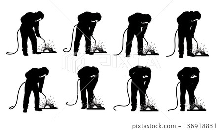 Black Solid Welder Torch Silhouettes Set of Six on White Background 136918831