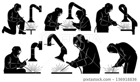 Black Solid Welder Fume Extractor Silhouettes Set of Six on White Background Black Solid Welder Fume Extractor Silhouettes Set of Six on White Background 136918836